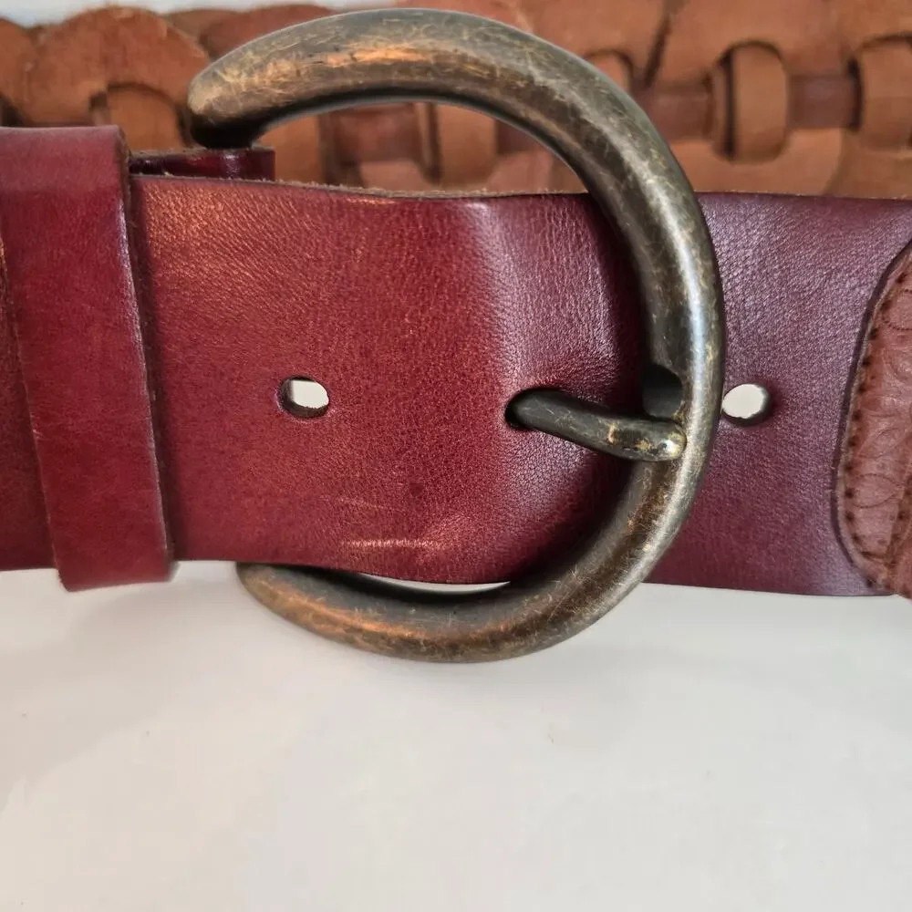 Vintage Fossil Leather Belt Chain Woven Western Tooled Brown Burgundy Cowgirl
